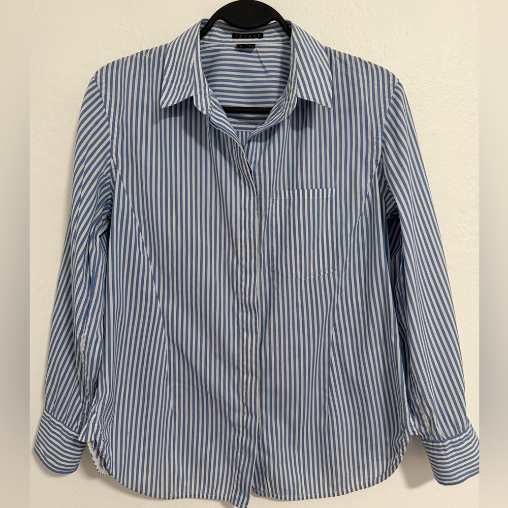 Theory Jolyon Blue White Striped Button Down Shirt Cotton Blend Size Small